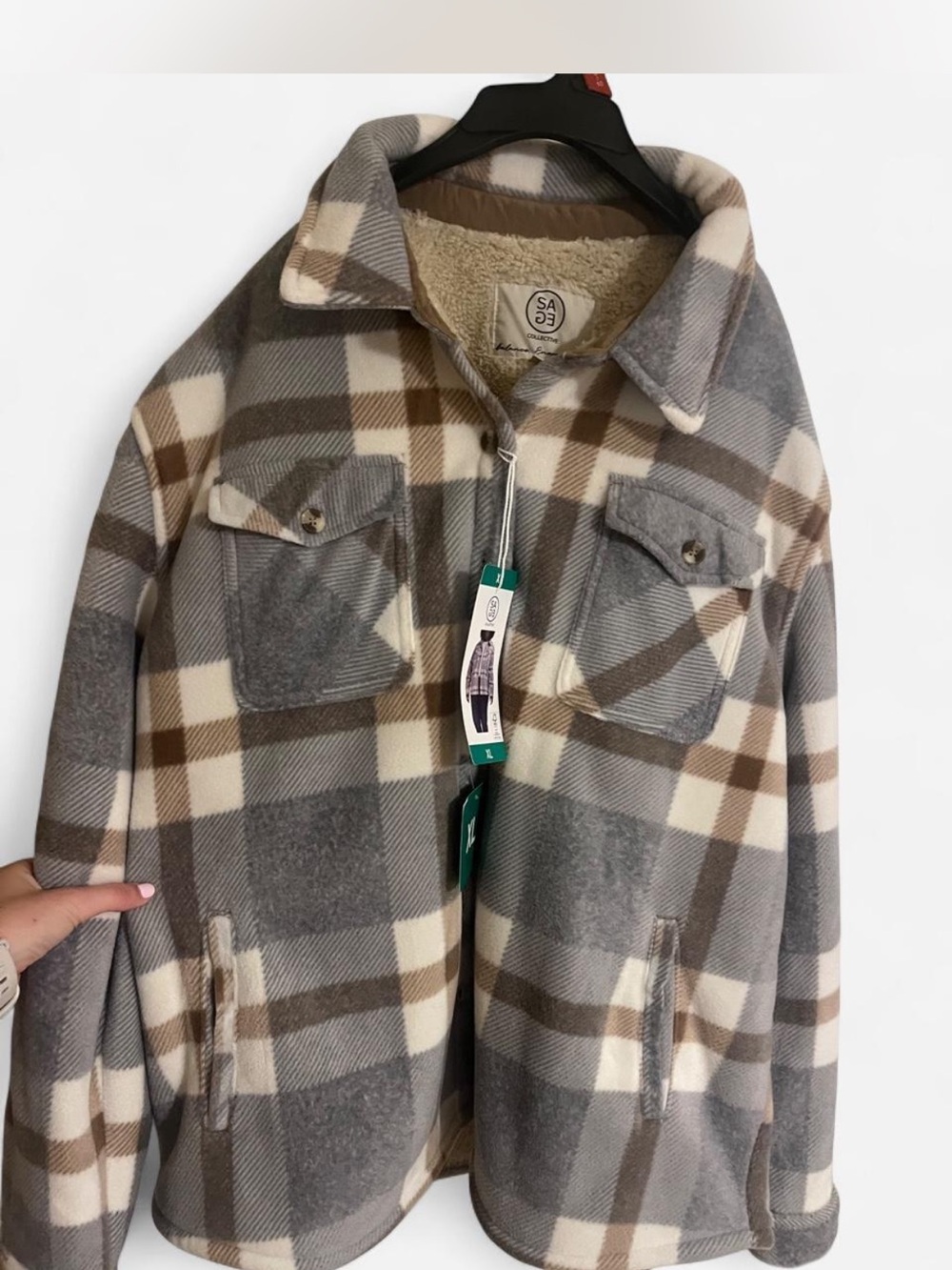 Sherpa-Lined Plaid Shirt Jacket - Gray, Cream & Brown